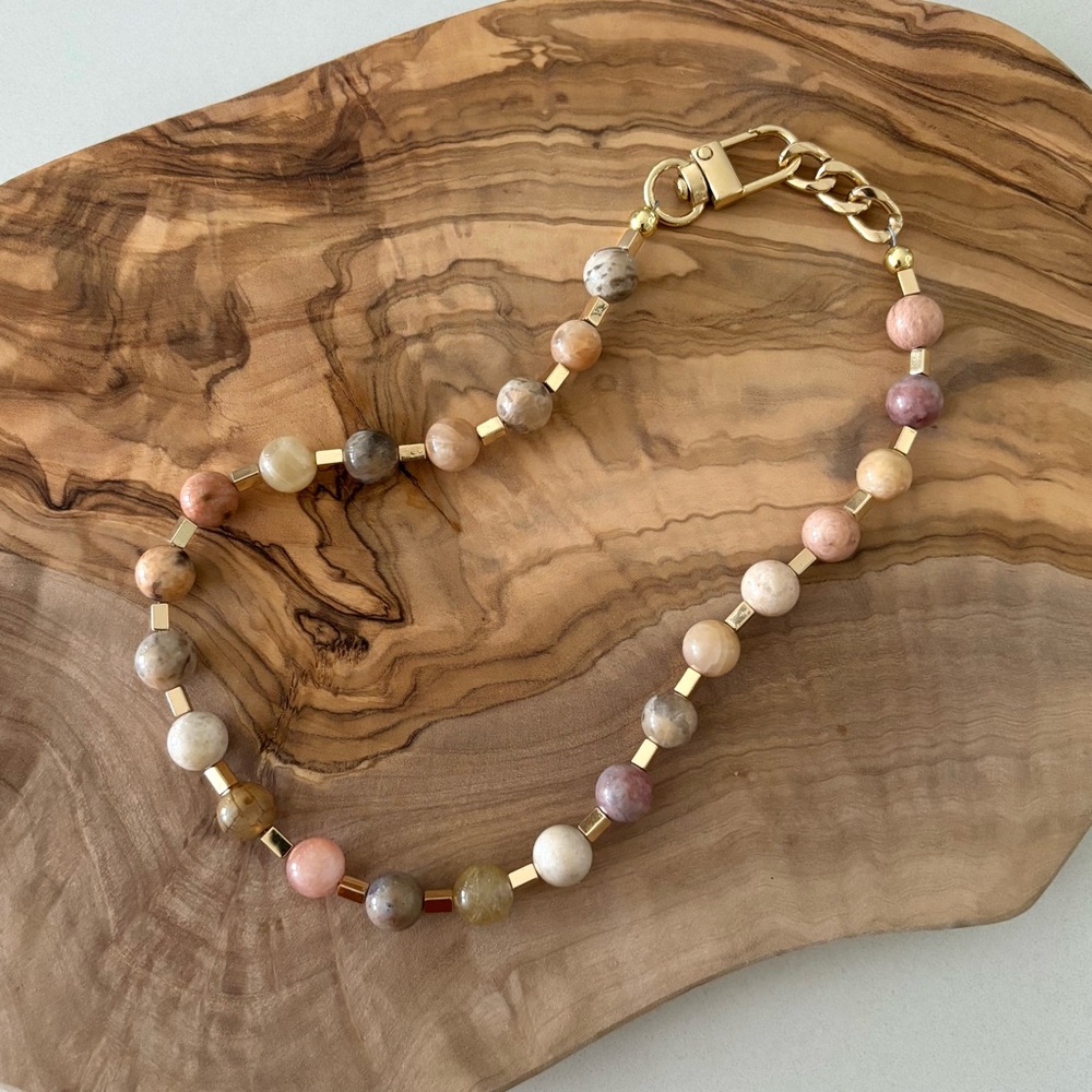 Natural Stone Beaded Necklace with Gold Accents